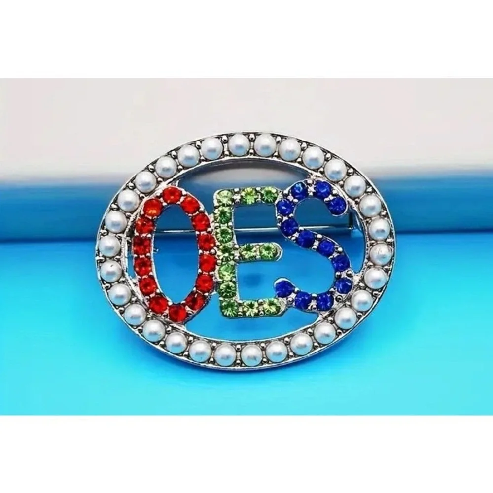 OES Eastern Star Brooch Pin‎ with White Pearls and Multicolored Rhinestones